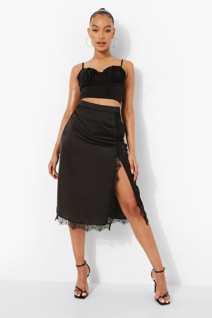 Black Lace Detail Split Front Satin Midi Skirt image number 1