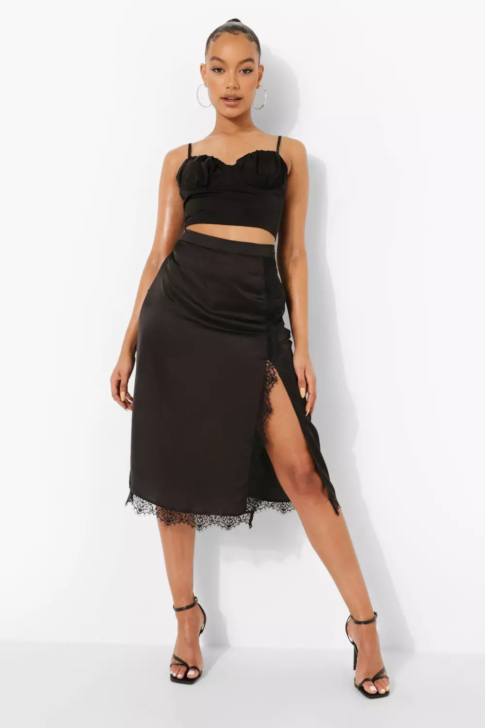 Black satin midi 2025 skirt with split