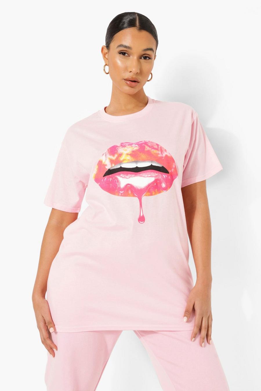 Pale pink Pink Lips Printed Oversized T-shirt image number 1