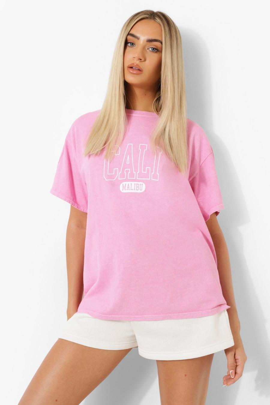 Camiseta desteñida con estampado de eslogan Cali, Pink image number 1