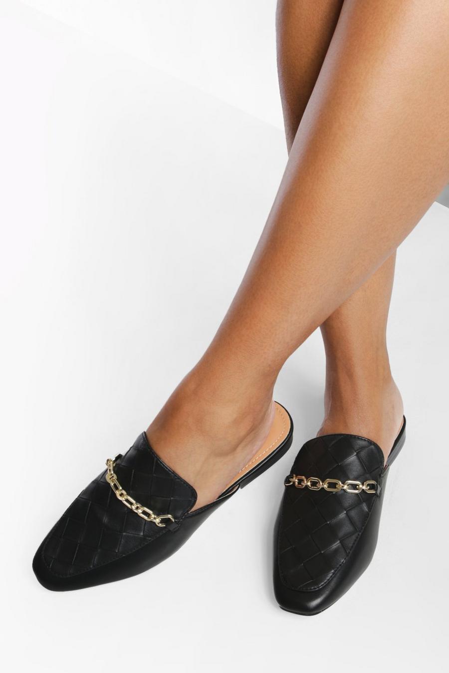 Black Woven Chain Detail Loafer Mules image number 1