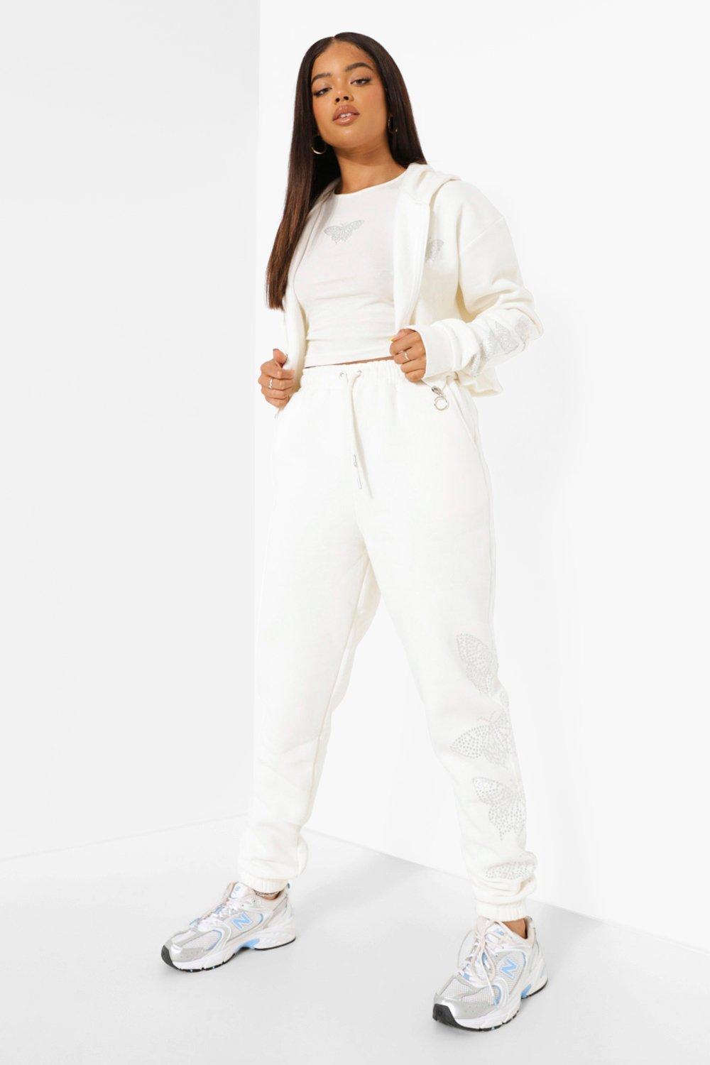 Women s White Diamante Butterfly Joggers Boohoo UK