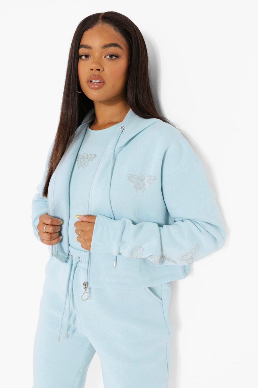 Baby blue Butterfly Diamante Cropped Zip Hoodie image number 1