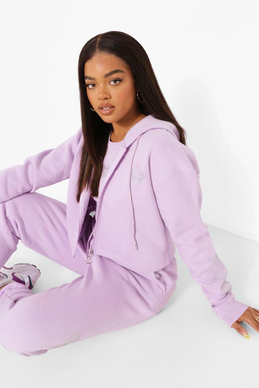 Lilac Butterfly Diamante Cropped Zip Hoodie image number 1