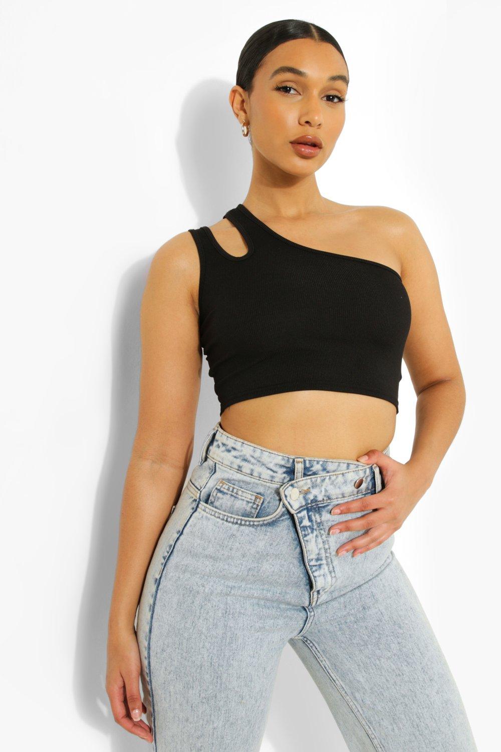 Women's Black One Shoulder Cut Out Rib Crop Top