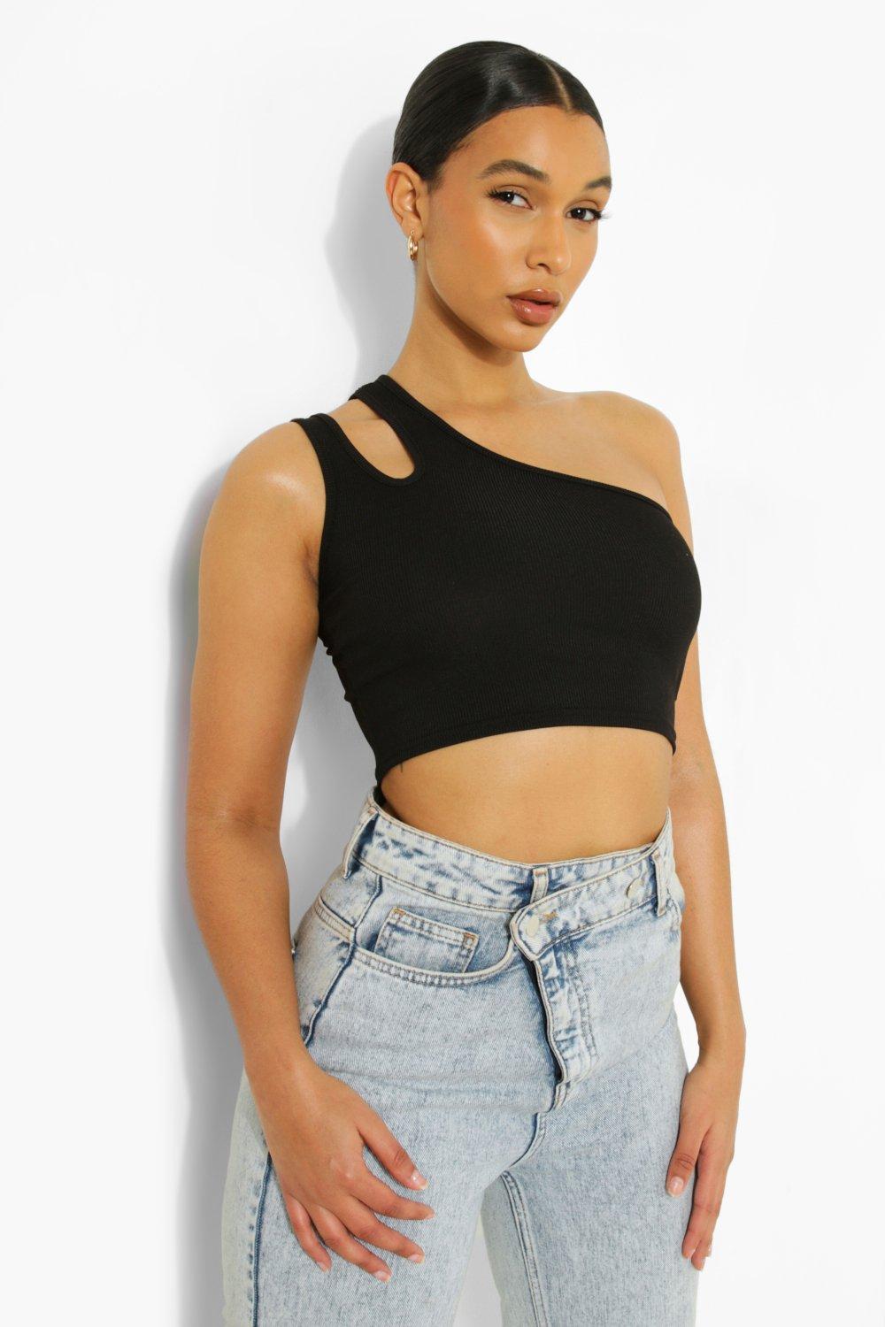 PLT Monochrome Panel Cut Out One Shoulder Crop Top  Shoulder crop top,  Womens workout outfits, Crop tops