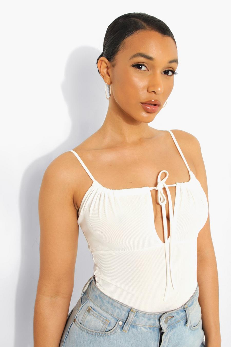 White Ruched Detail Strappy Bodysuit image number 1
