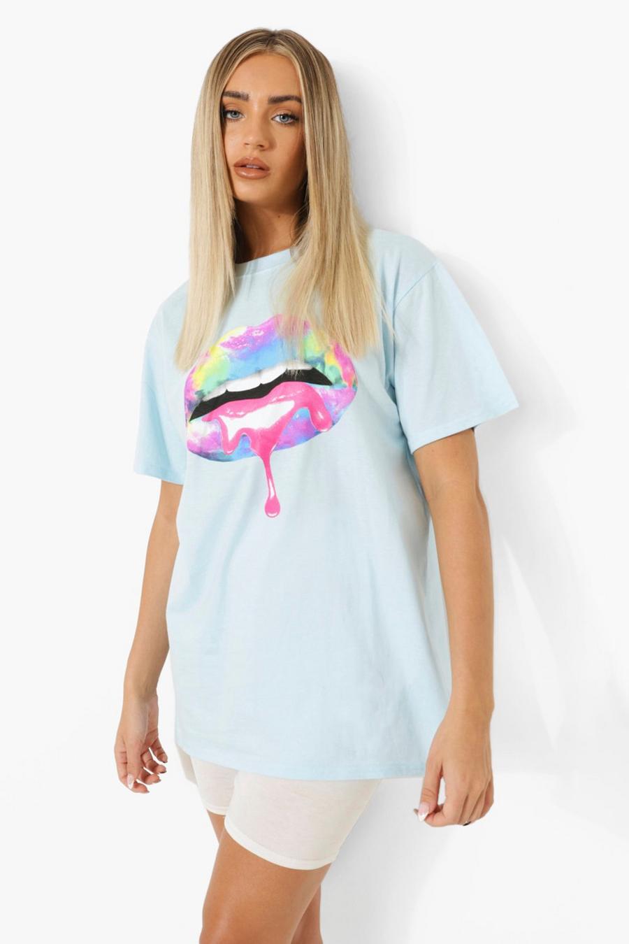 Baby blue Multi Lips Printed Oversized T-shirt image number 1