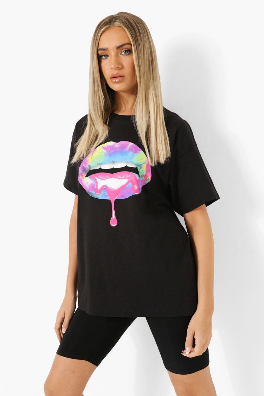 Black Multi Lips Printed Oversized T-shirt image number 1