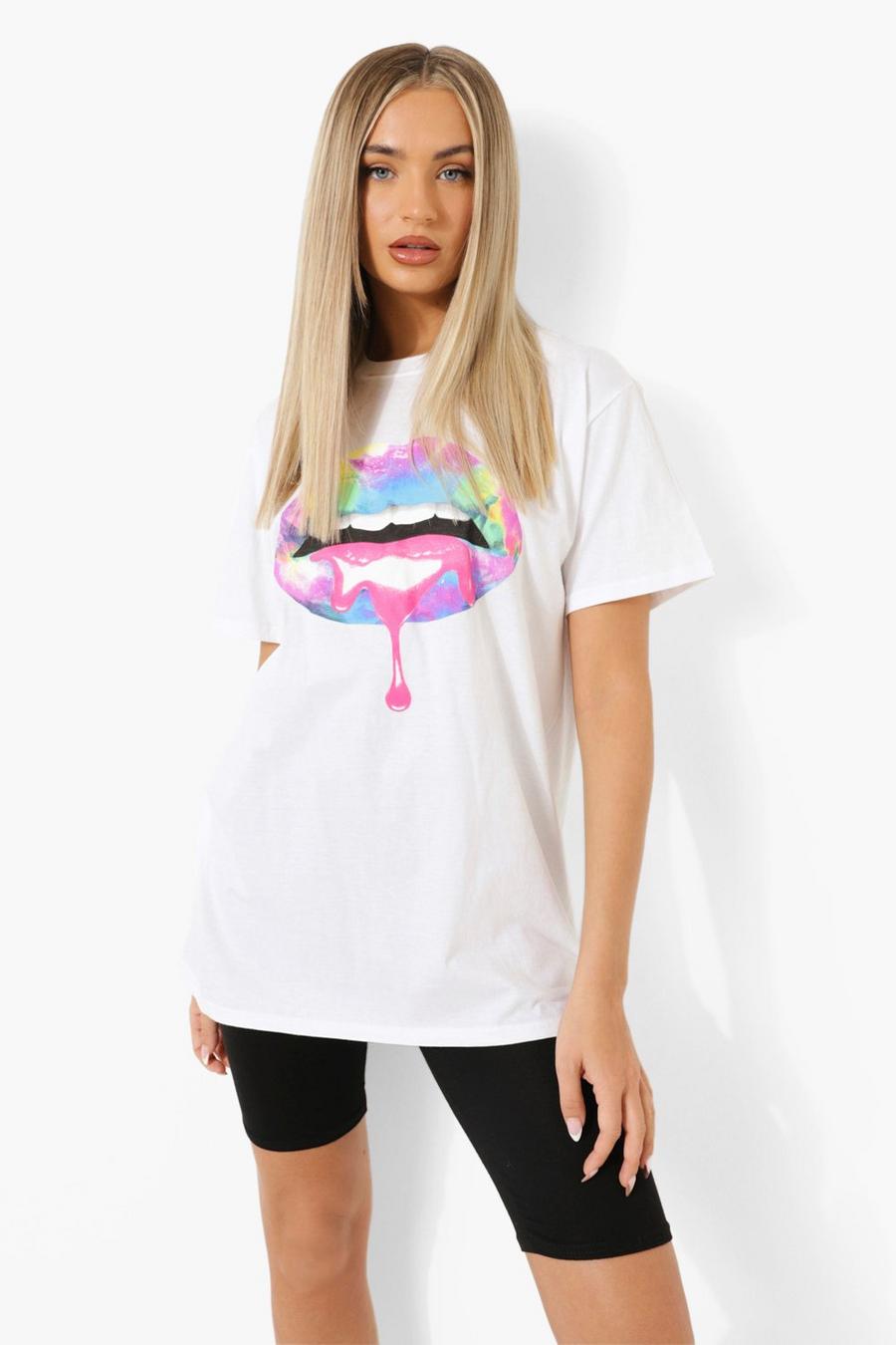 White Multi Lips Printed Oversized T-shirt image number 1
