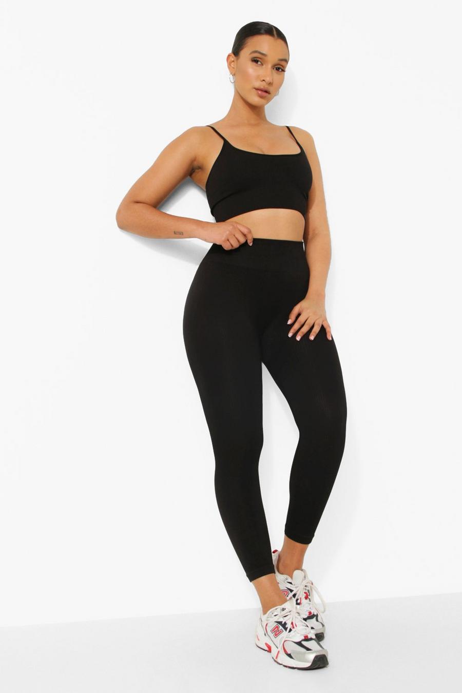 Black Seamless Ribbed Active Leggings image number 1