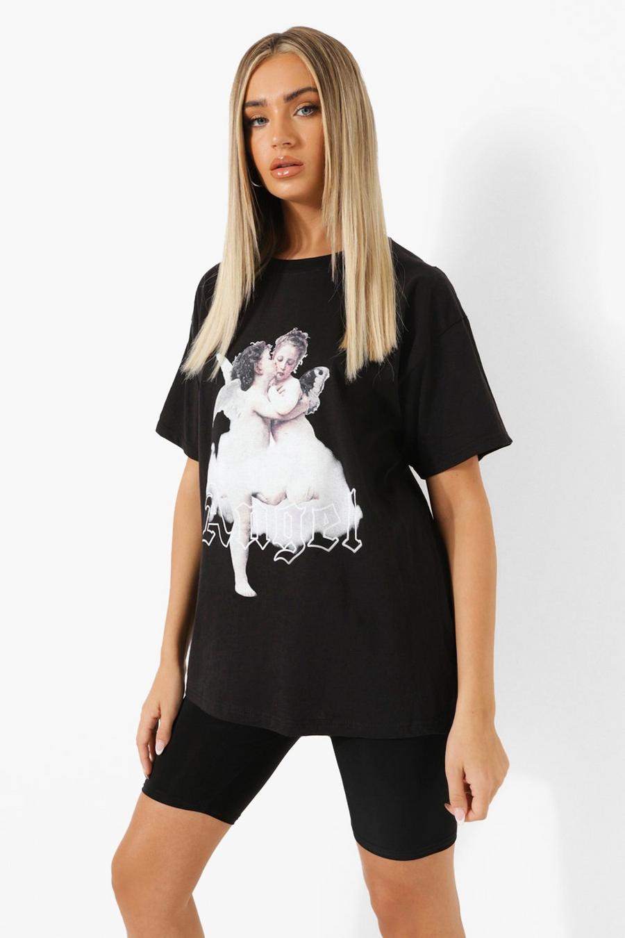 Black Angel Cherub Printed Oversized T-shirt image number 1