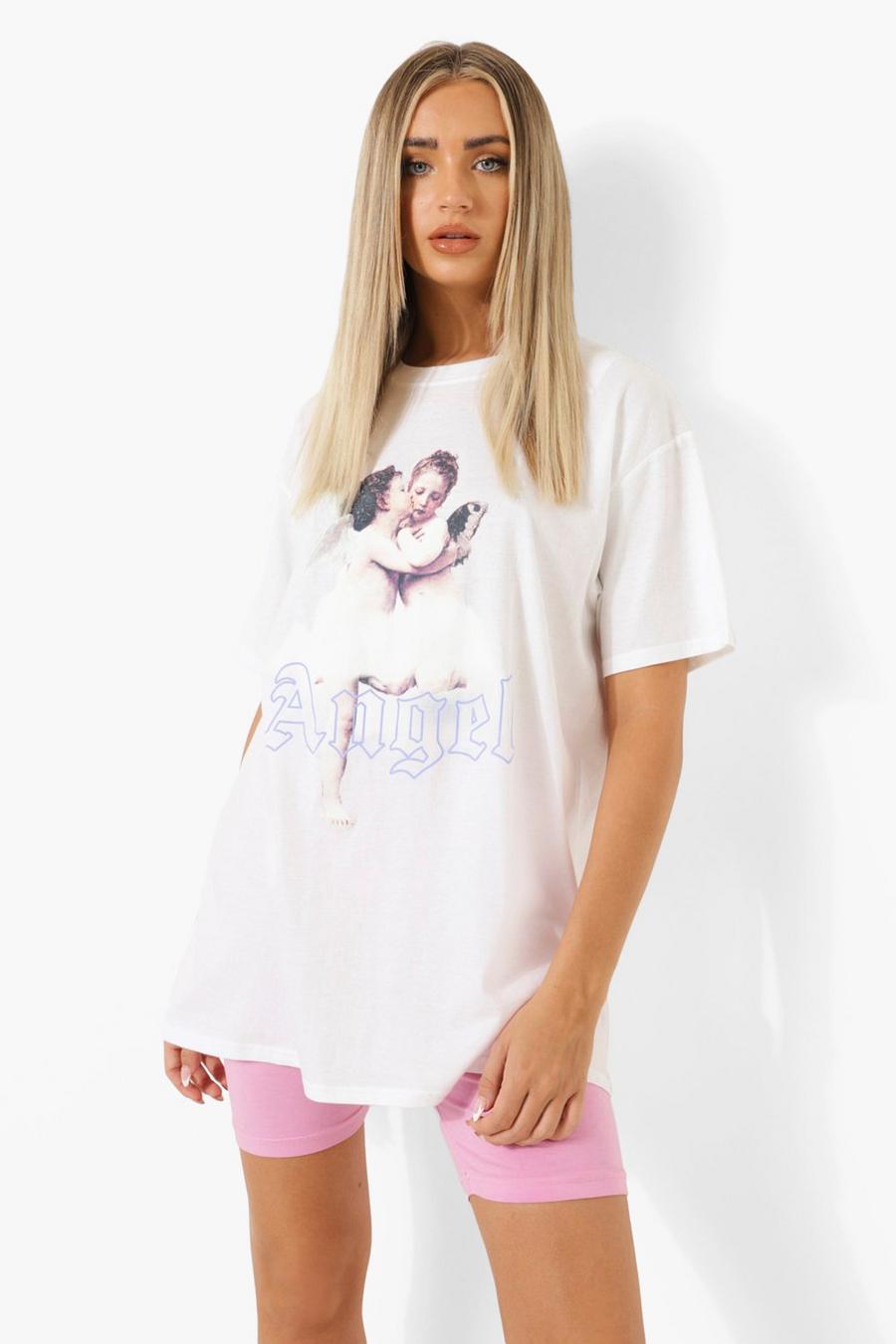 White Angel Cherub Printed Oversized T-shirt image number 1