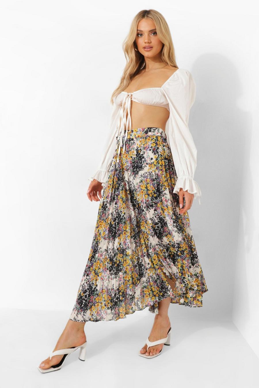 Yellow Floral Chiffon Pleated Midi Skirt image number 1