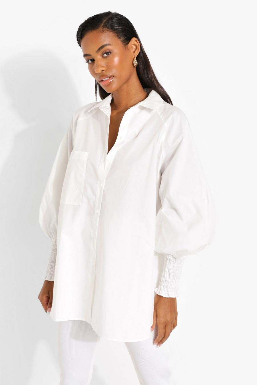 White Oversized Cuff Detail Tunic Shirt image number 1