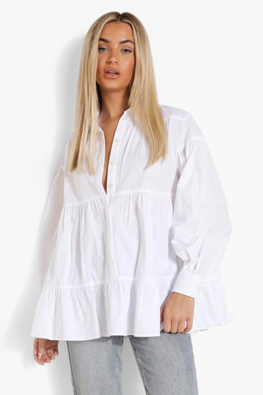 White Tiered Cotton Polin Smock Style Shirt image number 1