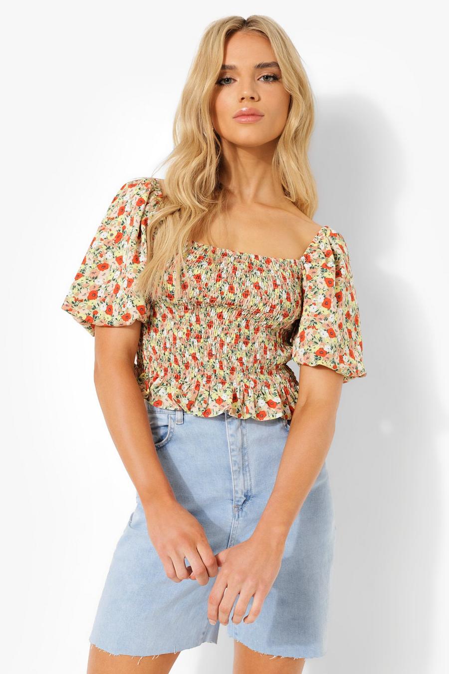 Red Floral Puff Sleeve Top image number 1
