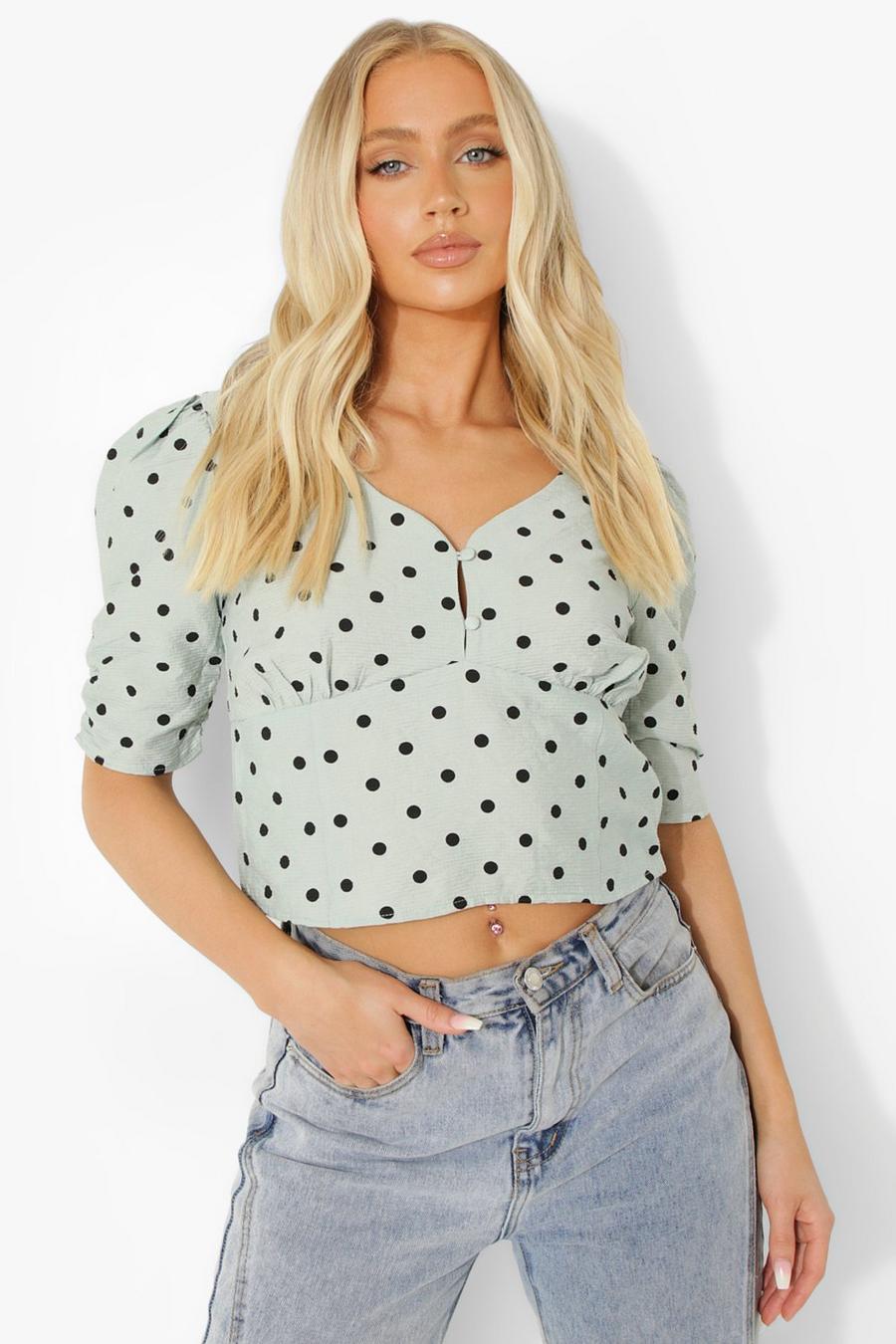 Mint Polka Dot Puff Sleeve Top image number 1