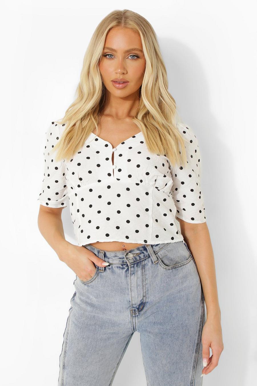 White Polka Dot Puff Sleeve Top image number 1