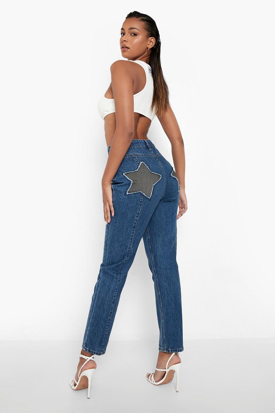 כחול ביניים ג'ינס בגזרת מאם עם עיטור כוכב בישבן image number 1