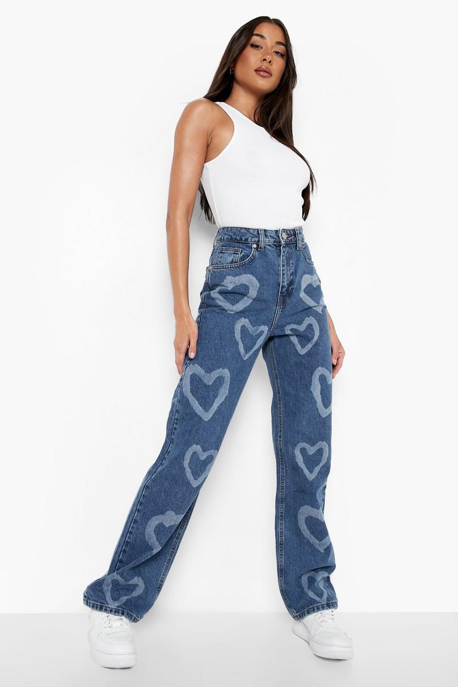Mid blue High Waisted Bleached Heart Boyfriend Jeans image number 1