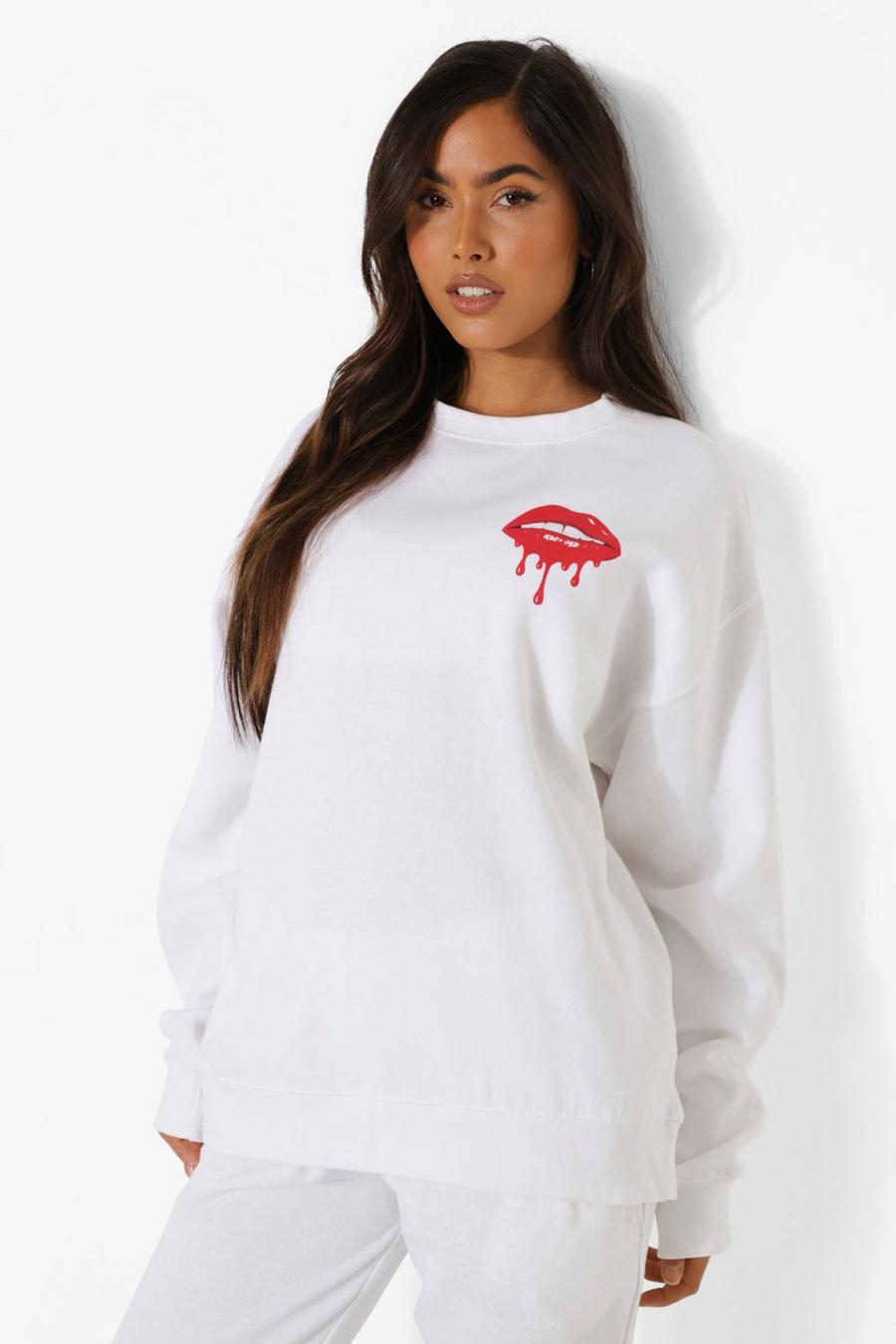 White Oversized Lip Graphic Sweater image number 1