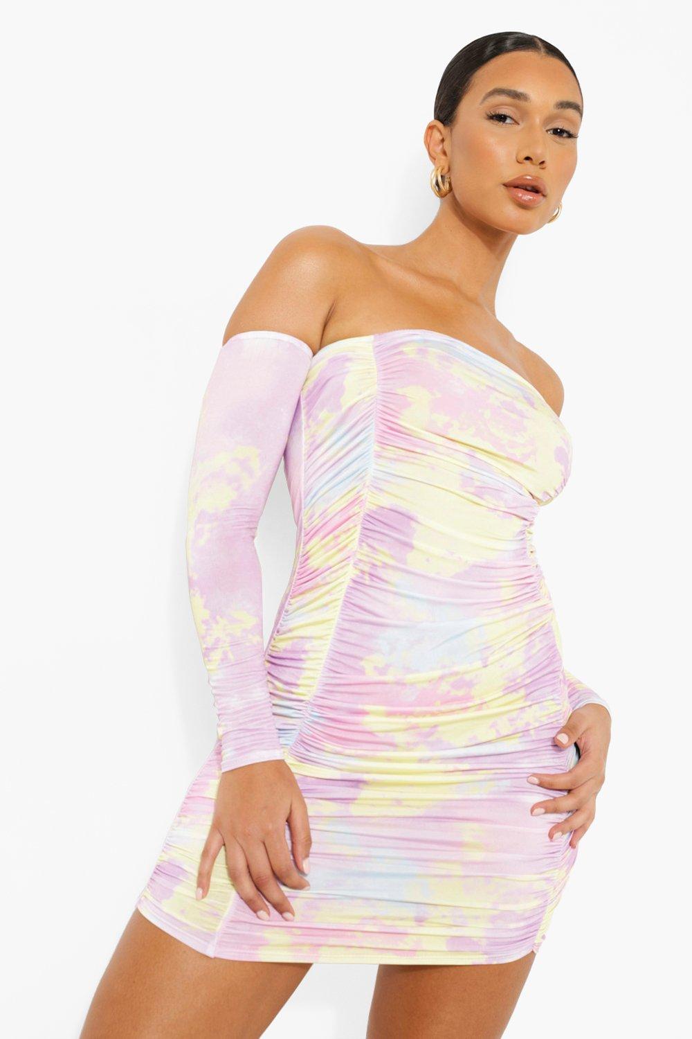 Women s Tie Dye Off The Shoulder Mini Dress Boohoo UK