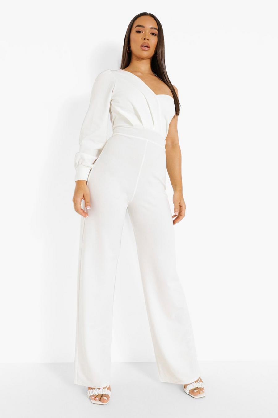 White Asymmetric Pleated Wide Leg Jumpsuit image number 1