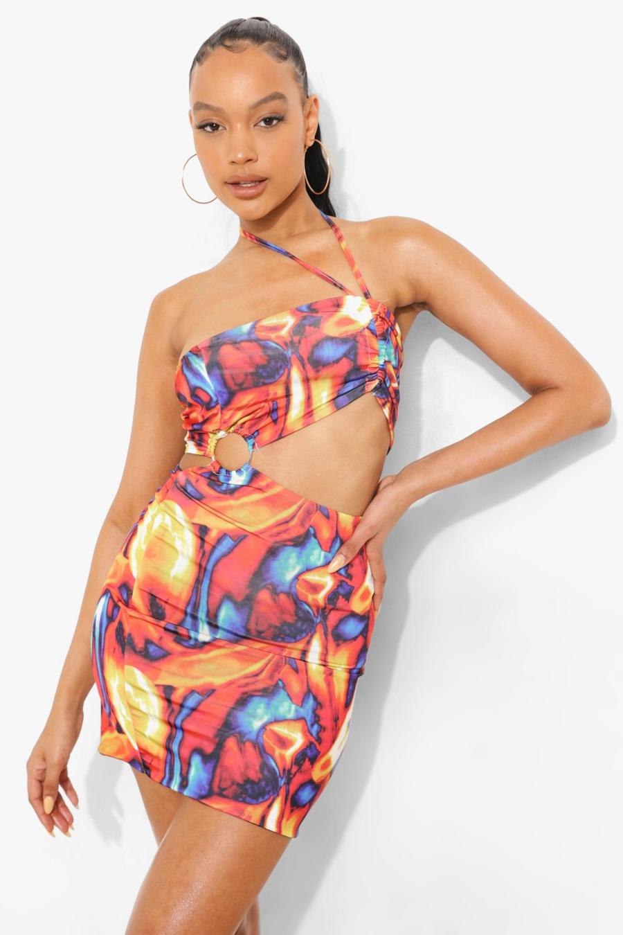 Multi Ombre Print Cut Out Halterneck Mini Dress image number 1