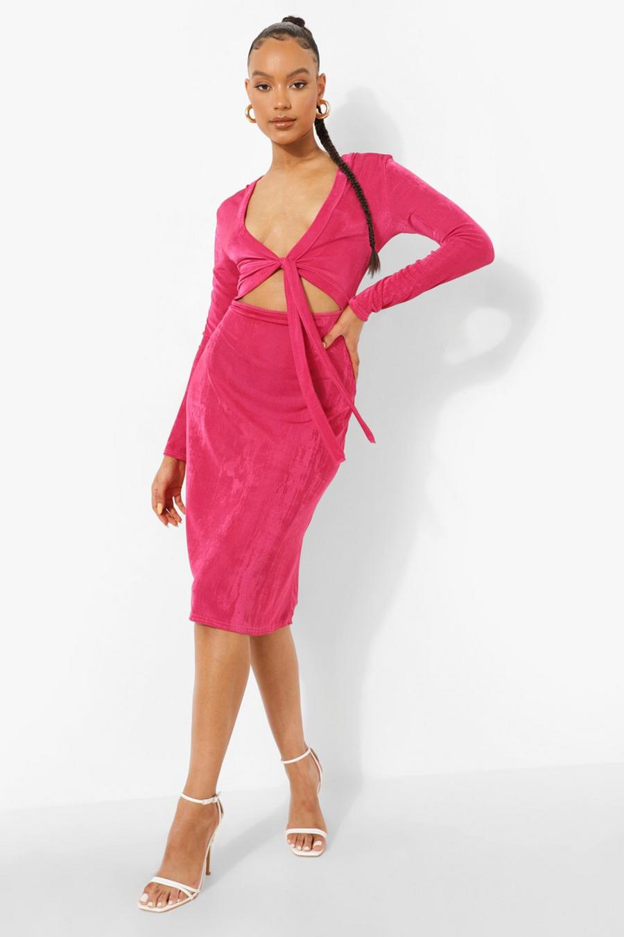 Hot pink Textured Slinky Knot Front Midi Dress image number 1
