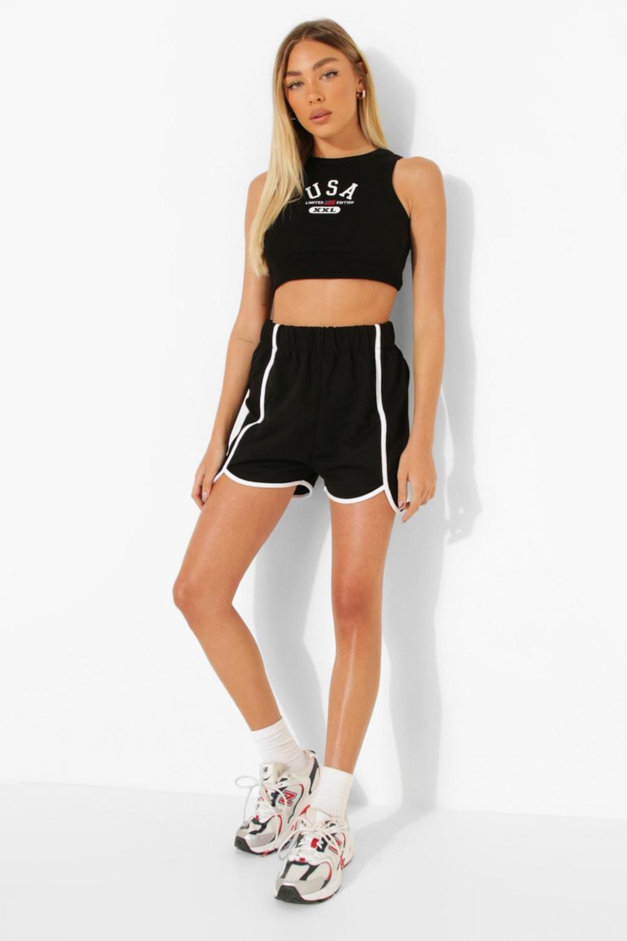 Black Contrast Piping Elasticated Runner Shorts image number 1
