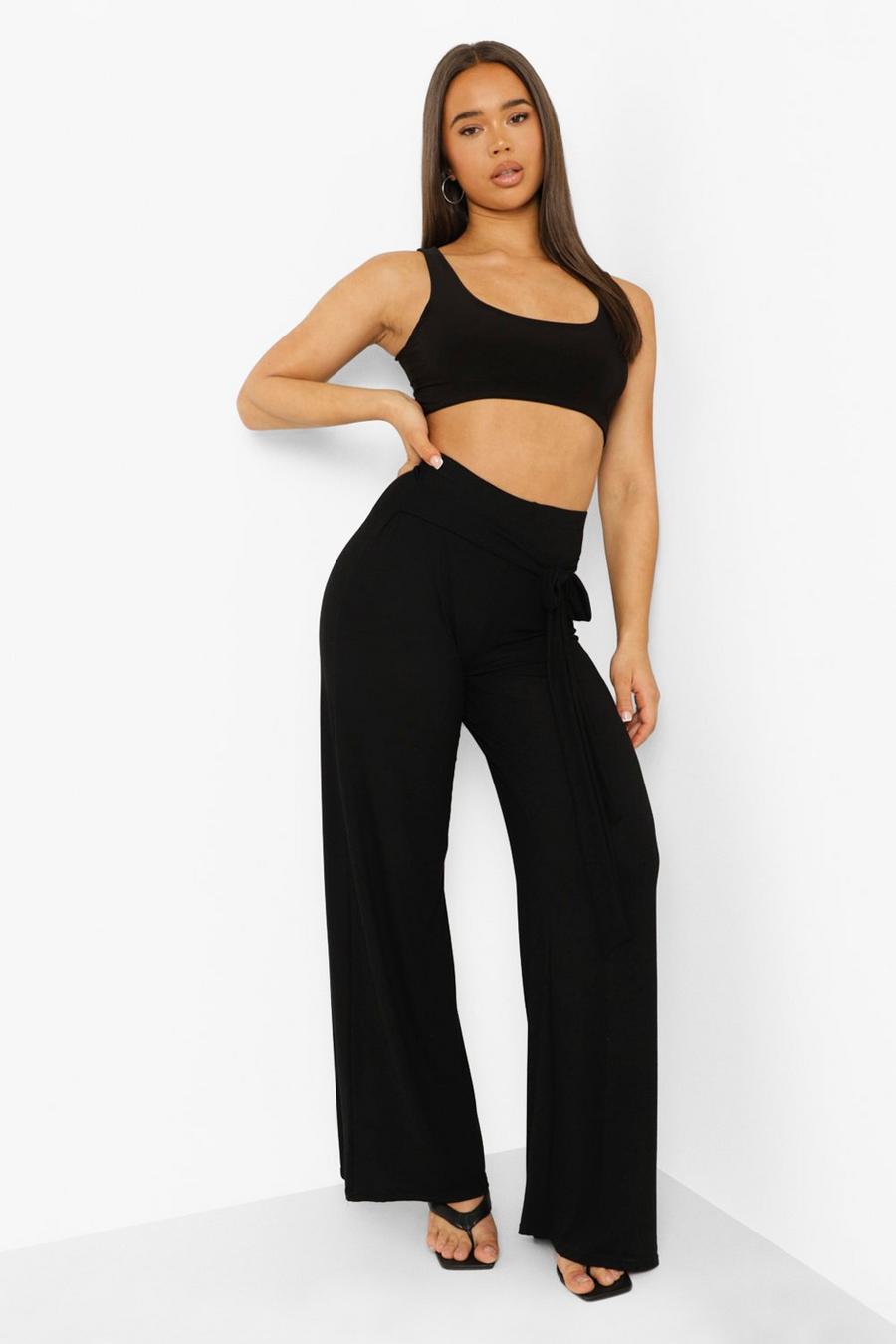 Black Tie Deatail Wide Leg Trousers image number 1