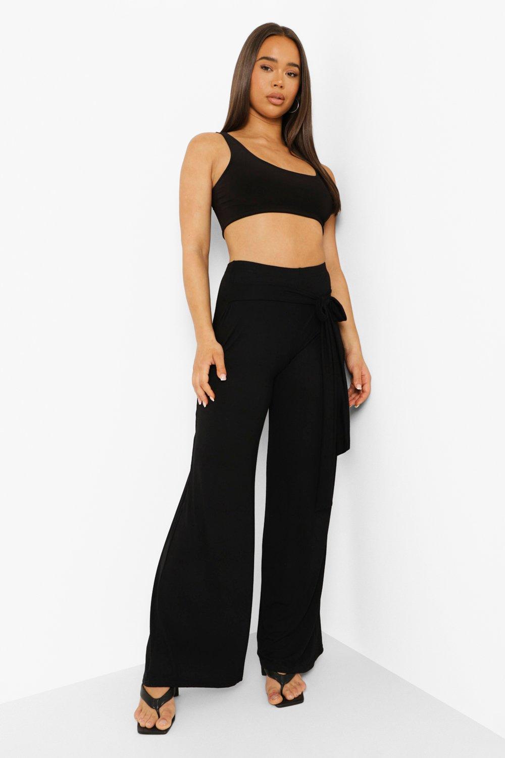 HIGH TIE WAIST WIDE LEG TROUSERS BLACK