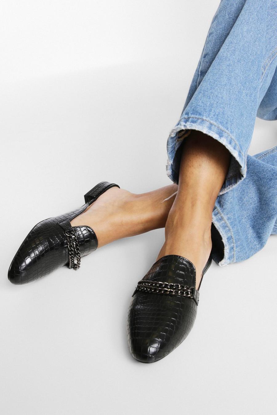 Black Wide Fit Double Chain Croc Mule Loafers image number 1