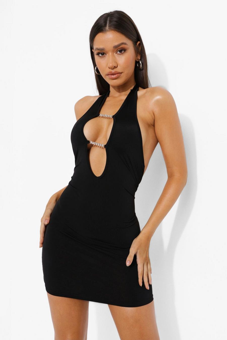 שחור שמלת מיני עם צווארון קולר ומחשוף עמוק image number 1