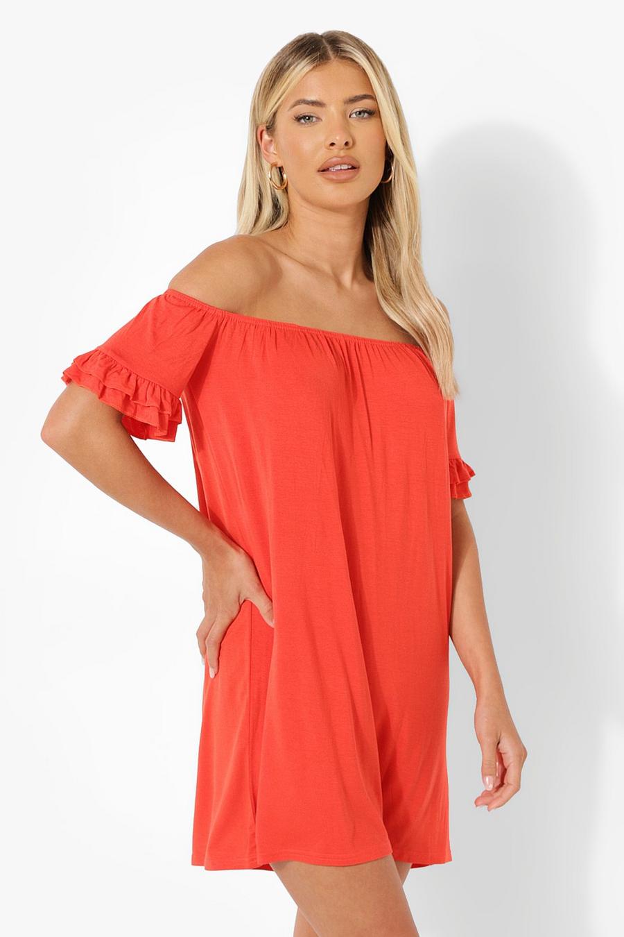 Orange Off The Shoulder Short Sleeve Frill Edge Swing Dress image number 1