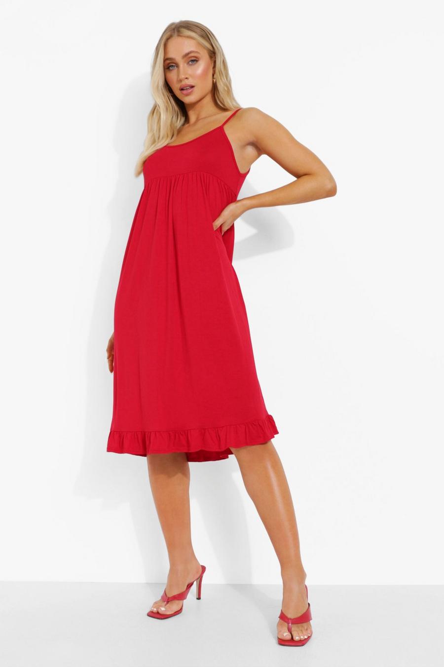Red Strappy Tiered Smock Dress image number 1