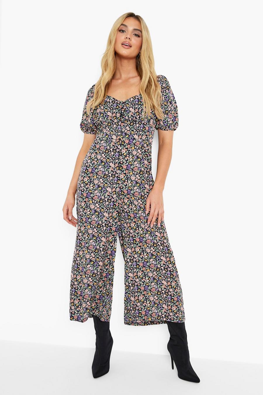 Navy Floral Puff Sleeve Culotte Jumpsuit image number 1