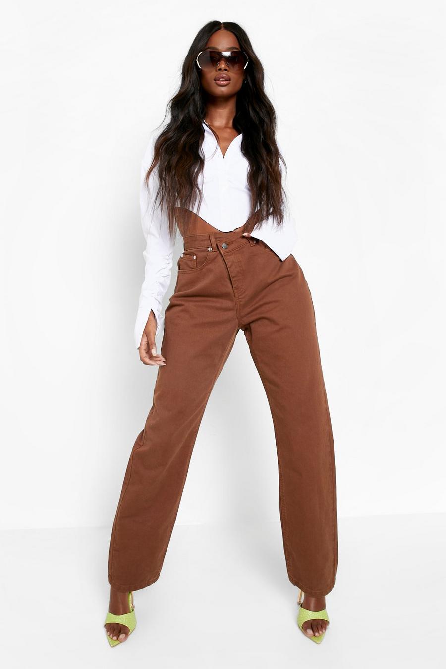 Chocolate Asymmetric Fastening Straight Leg Jeans image number 1