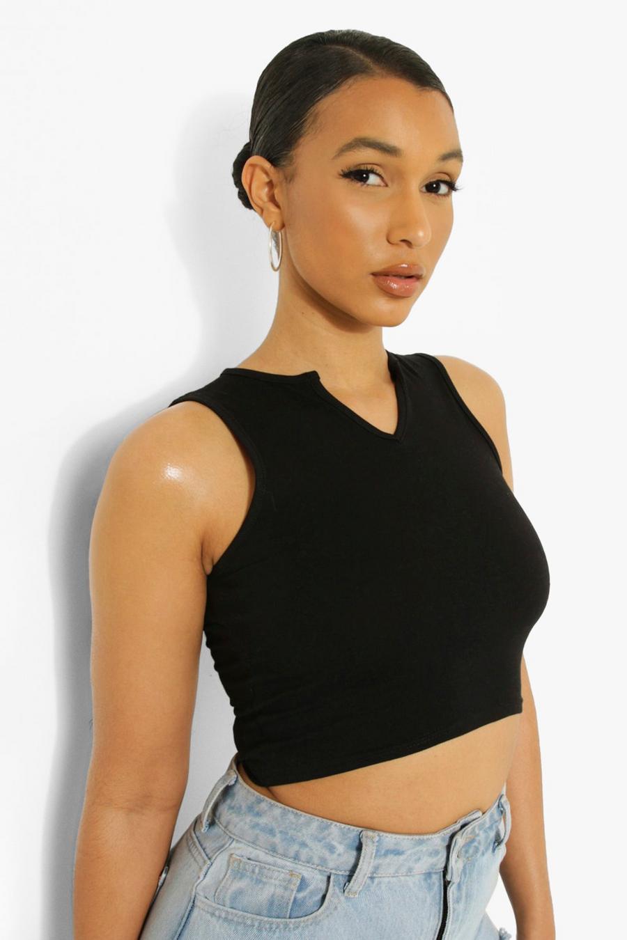 Black Notch Neck Strappy Cotton Crop Top image number 1