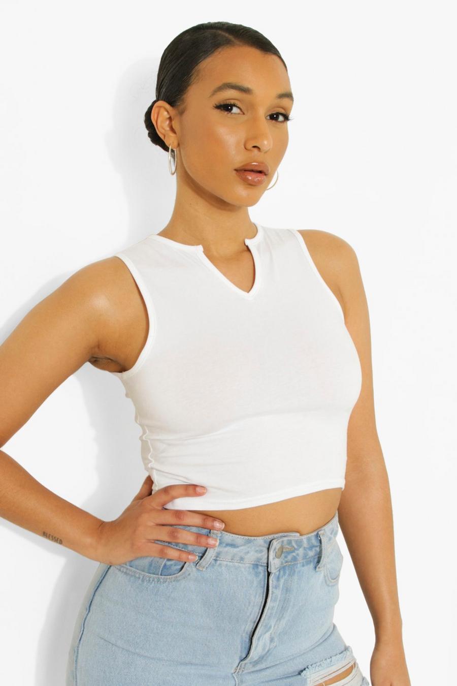 White Notch Neck Strappy Cotton Crop Top image number 1