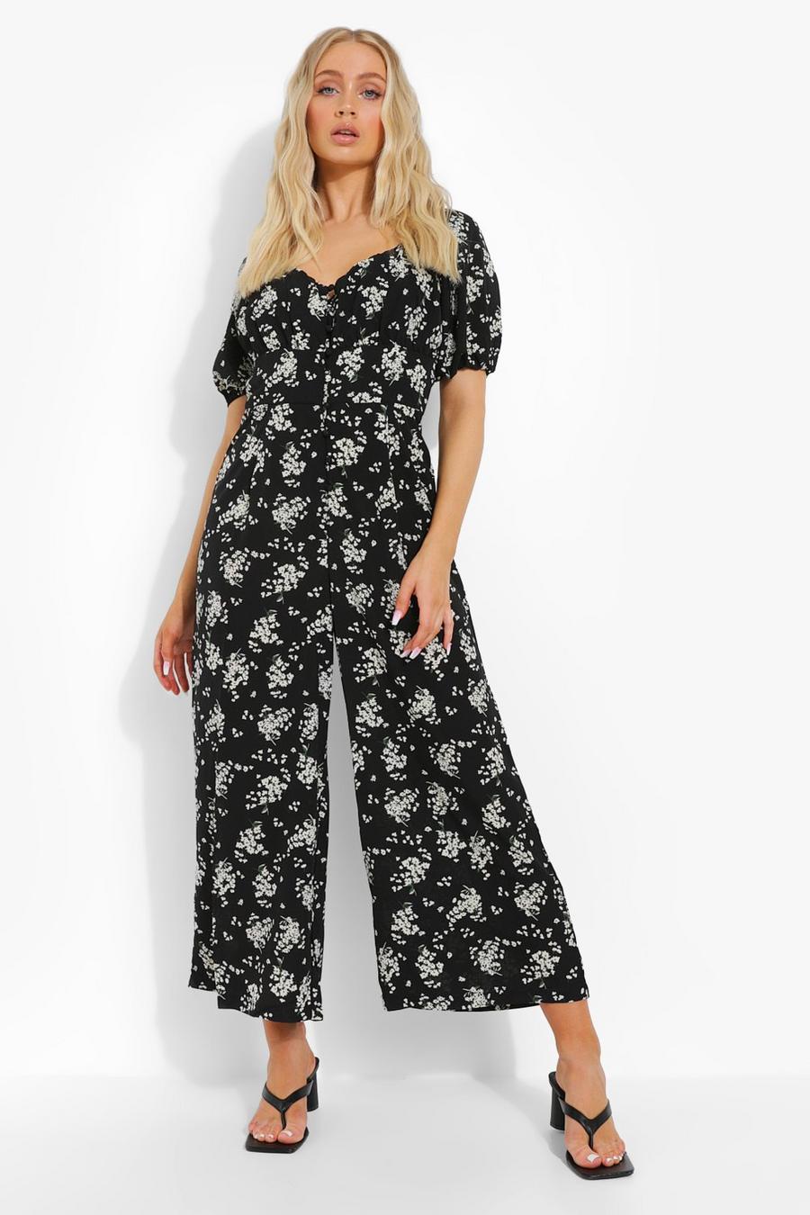 Black Floral Puff Sleeve Button Through Jumpsuit image number 1