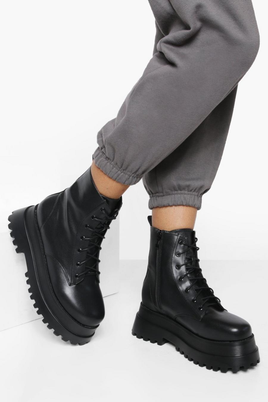 Black Wide Fit Extreme Chunky Ankle Hiker Boots image number 1