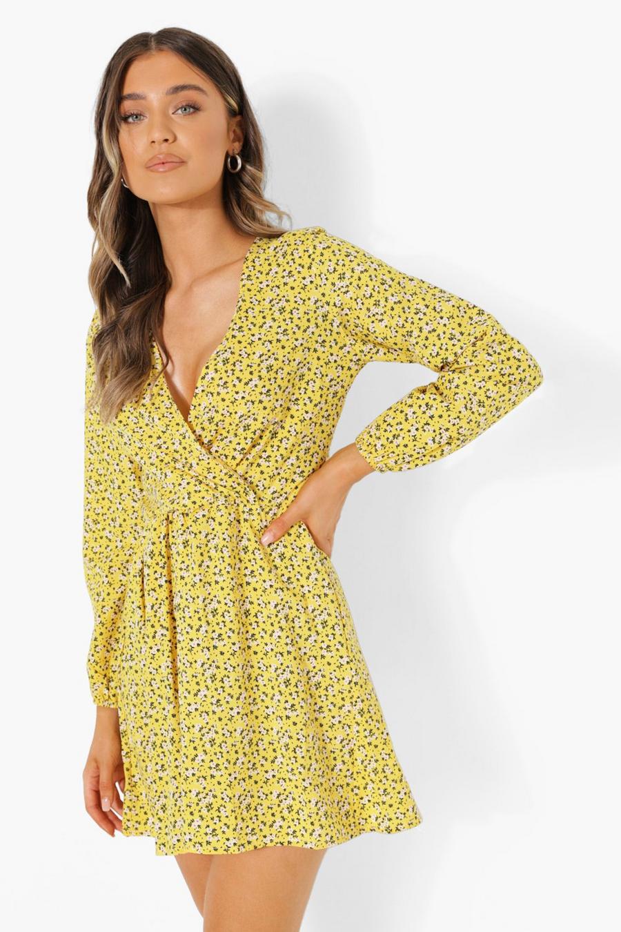 Mustard yellow Ditsy Floral Wrap Front Smock Dress