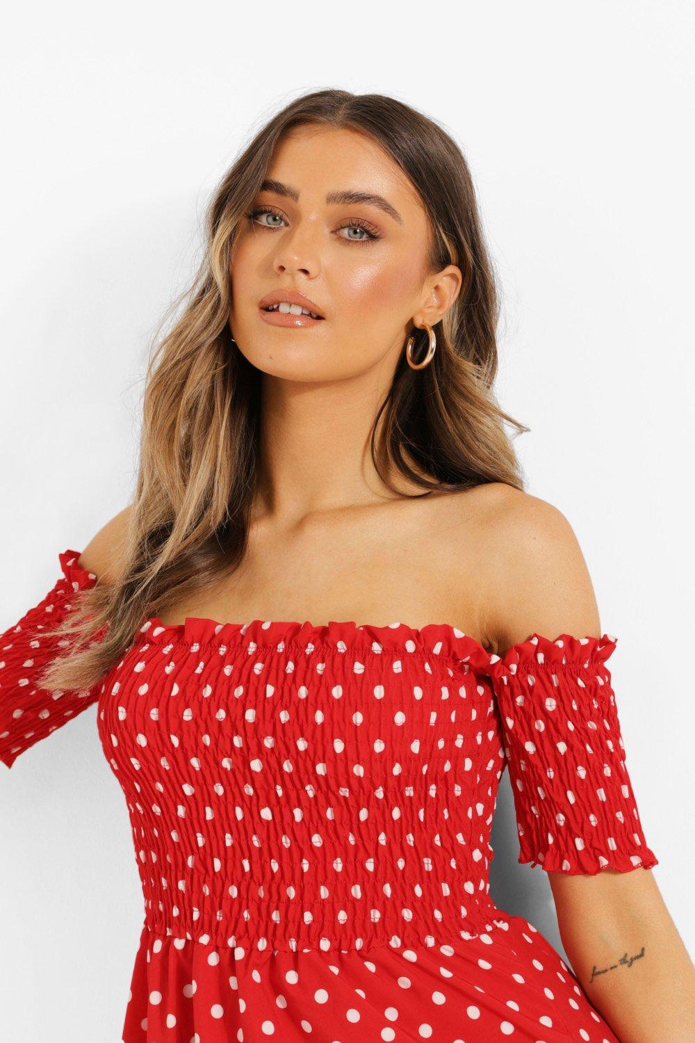 Red polka dot dress boohoo sales
