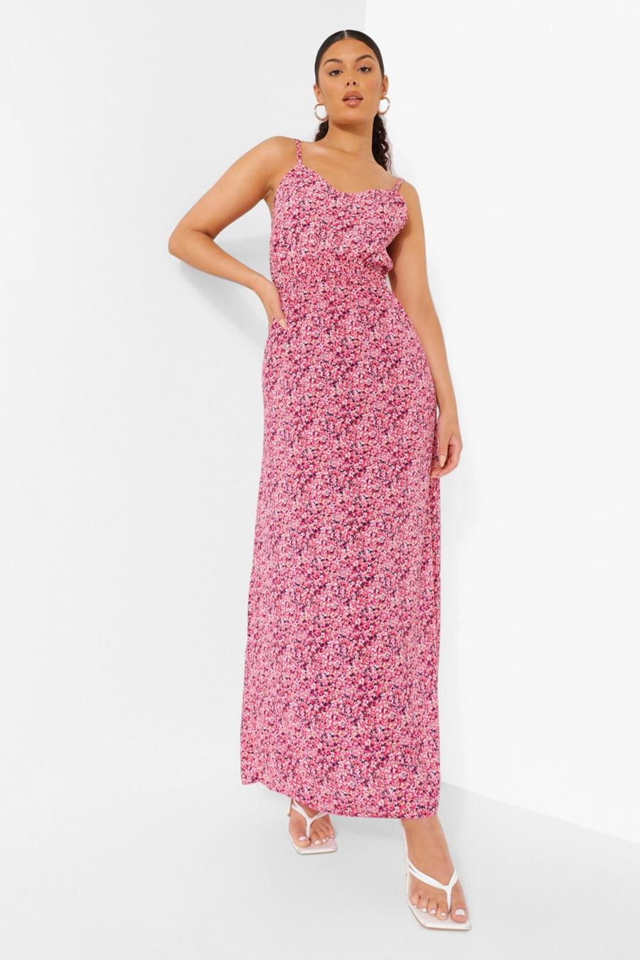 Hot pink Floral Print Shirred Maxi Dress image number 1