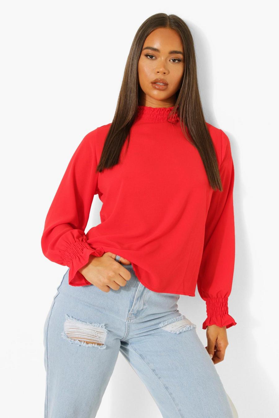 Red High Neck Sheered Blouse image number 1