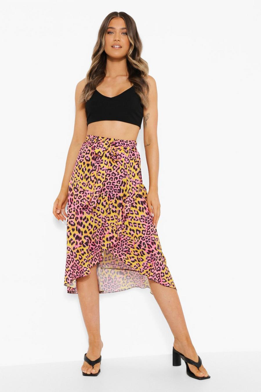 Pink Leopard Print Wrap Ruffle Midi Skirt image number 1