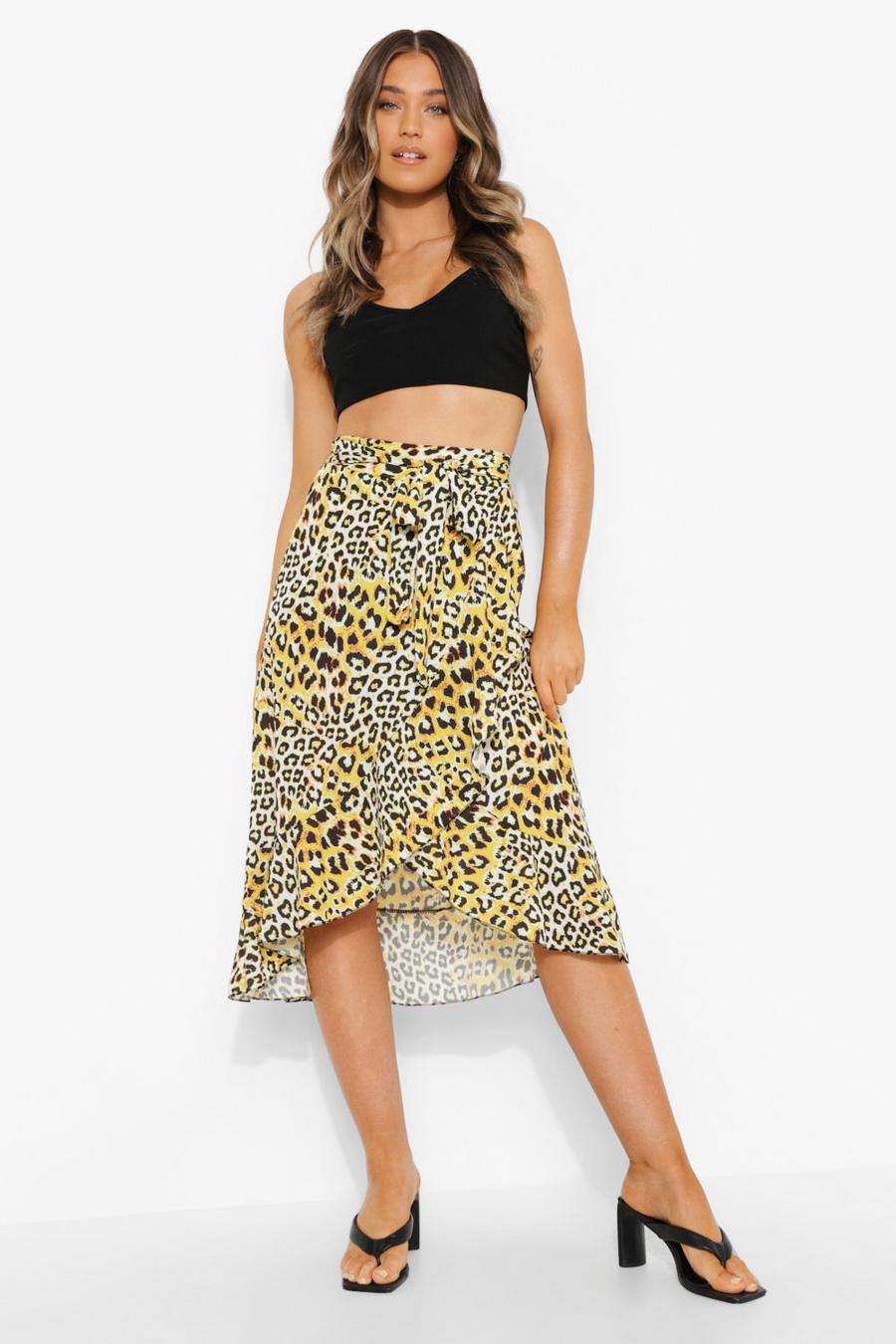 Yellow Leopard Print Wrap Ruffle Midi Skirt image number 1