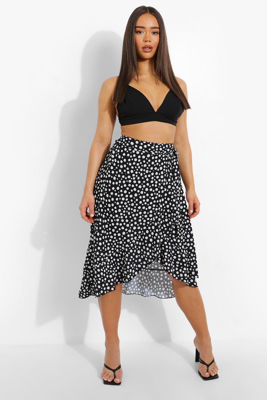 Black Spot Print Wrap Ruffle Midi Skirt image number 1